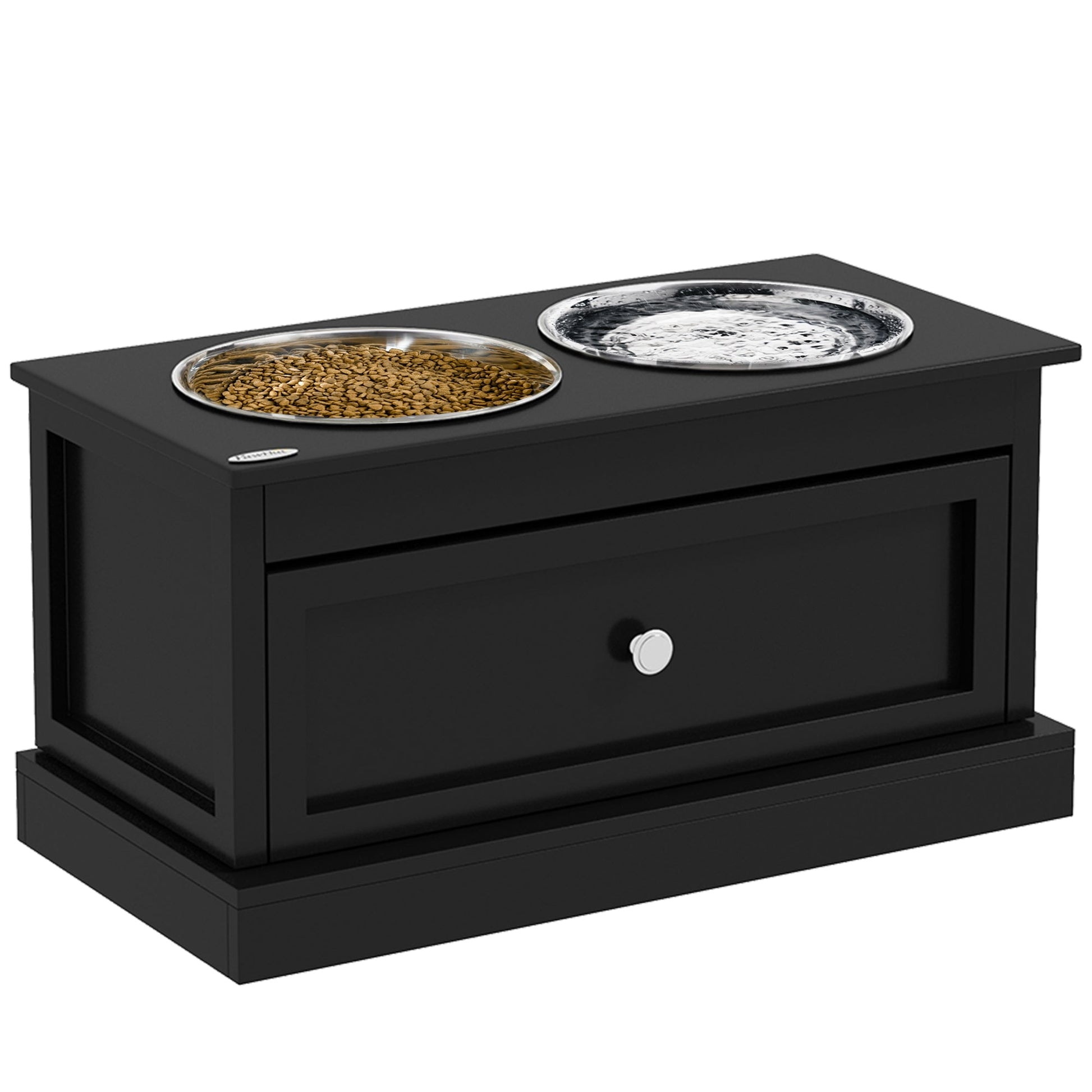 PawHut elevated dog bowls with drawer on black stand; dual bowls with kibble and water on Tampa Home & Garden Store
