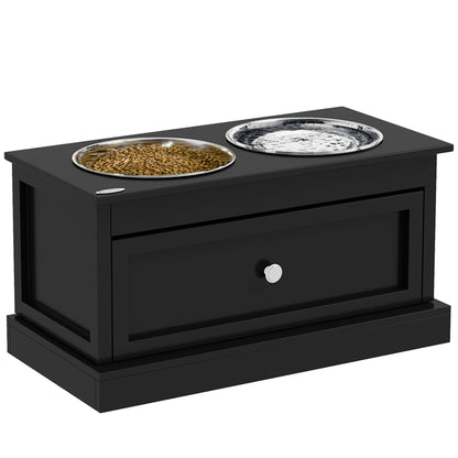 PawHut elevated dog bowls with drawer on black stand; dual bowls with kibble and water on Tampa Home & Garden Store