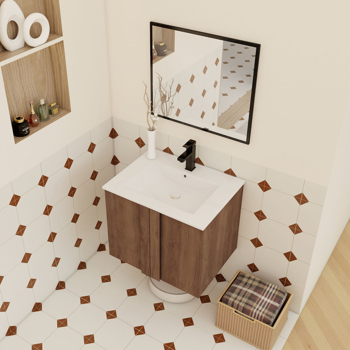 Floating brown wood vanity with white ceramic sink and black faucet, soft-close doors on Tampa Home & Garden Store