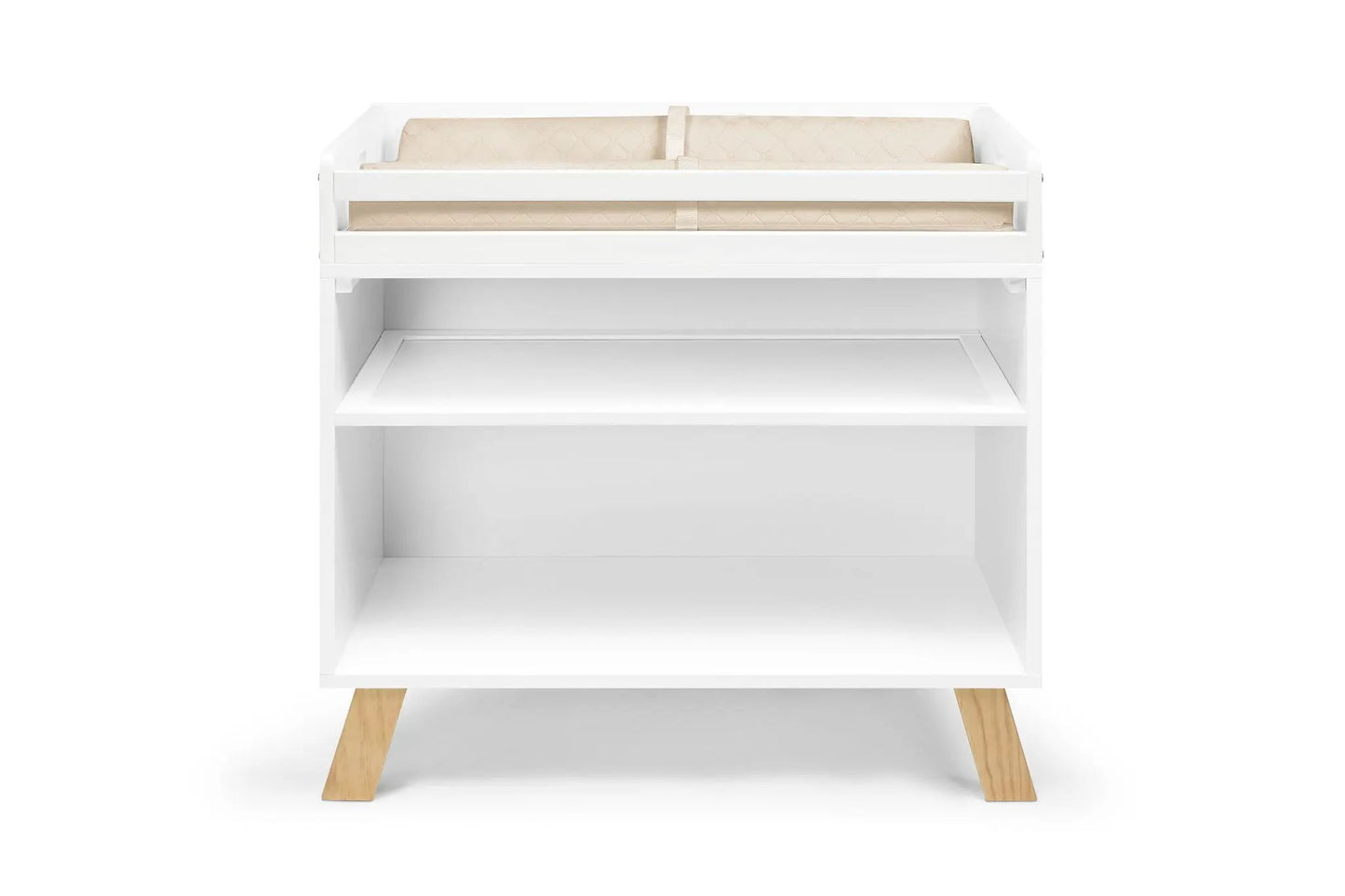 Livia two-tone changing table with beige quilted pad, white frame and natural wood legs on Tampa Home & Garden Store