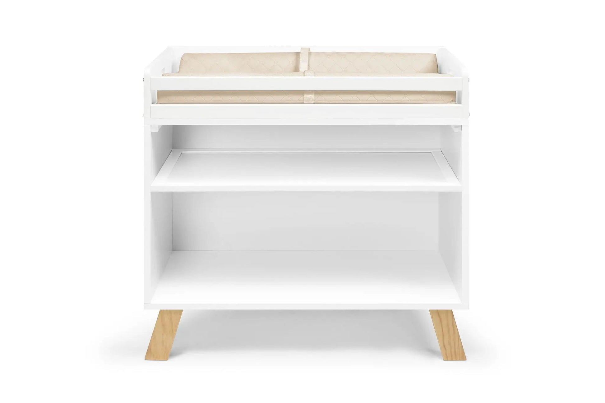 Livia two-tone changing table with beige quilted pad, white frame and natural wood legs on Tampa Home & Garden Store