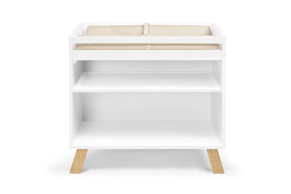 Livia two-tone changing table with beige quilted pad, white frame and natural wood legs on Tampa Home & Garden Store