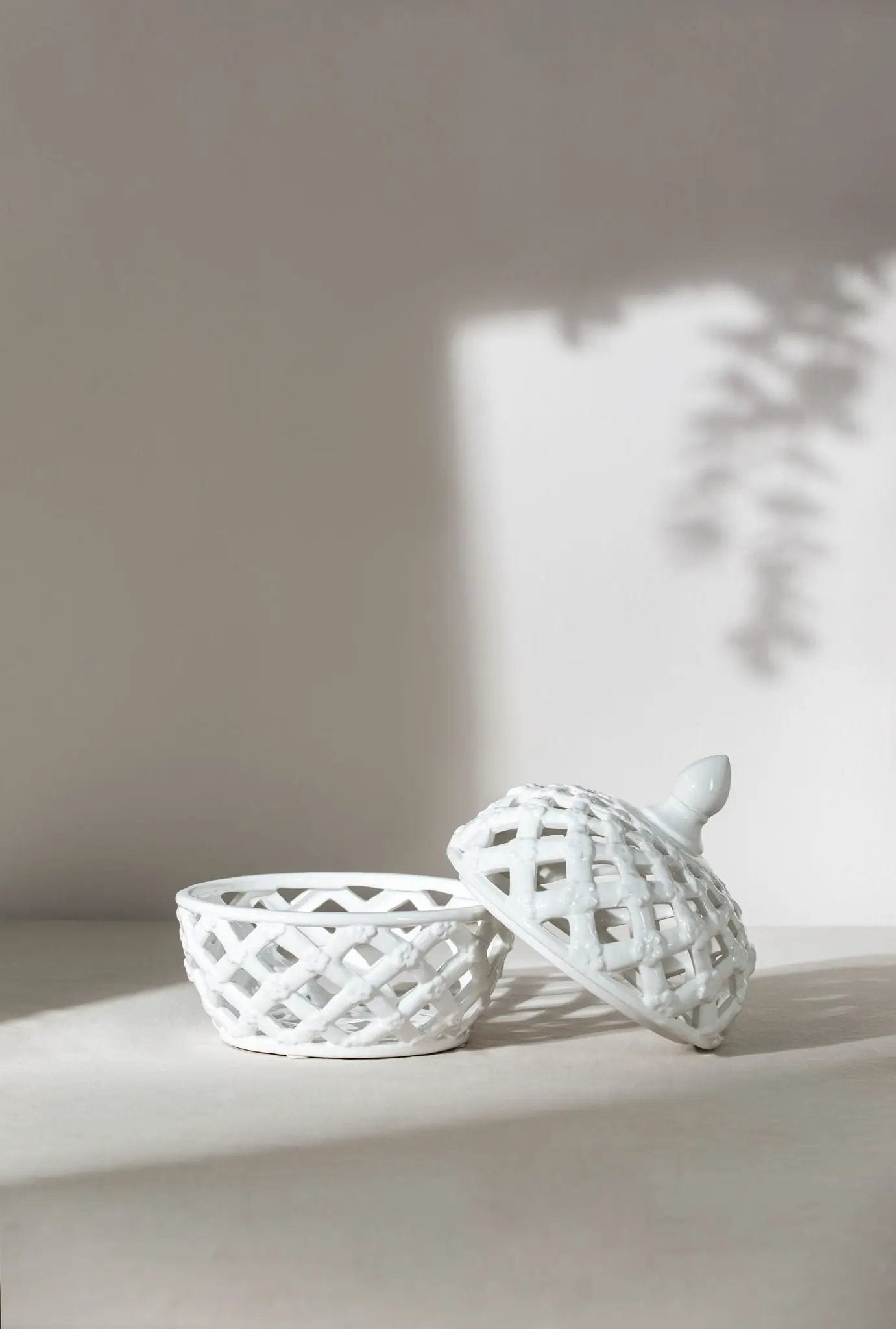 Ceramic lidded jar with lattice design in white by Unique Piece Furniture on Tampa Home & Garden Store