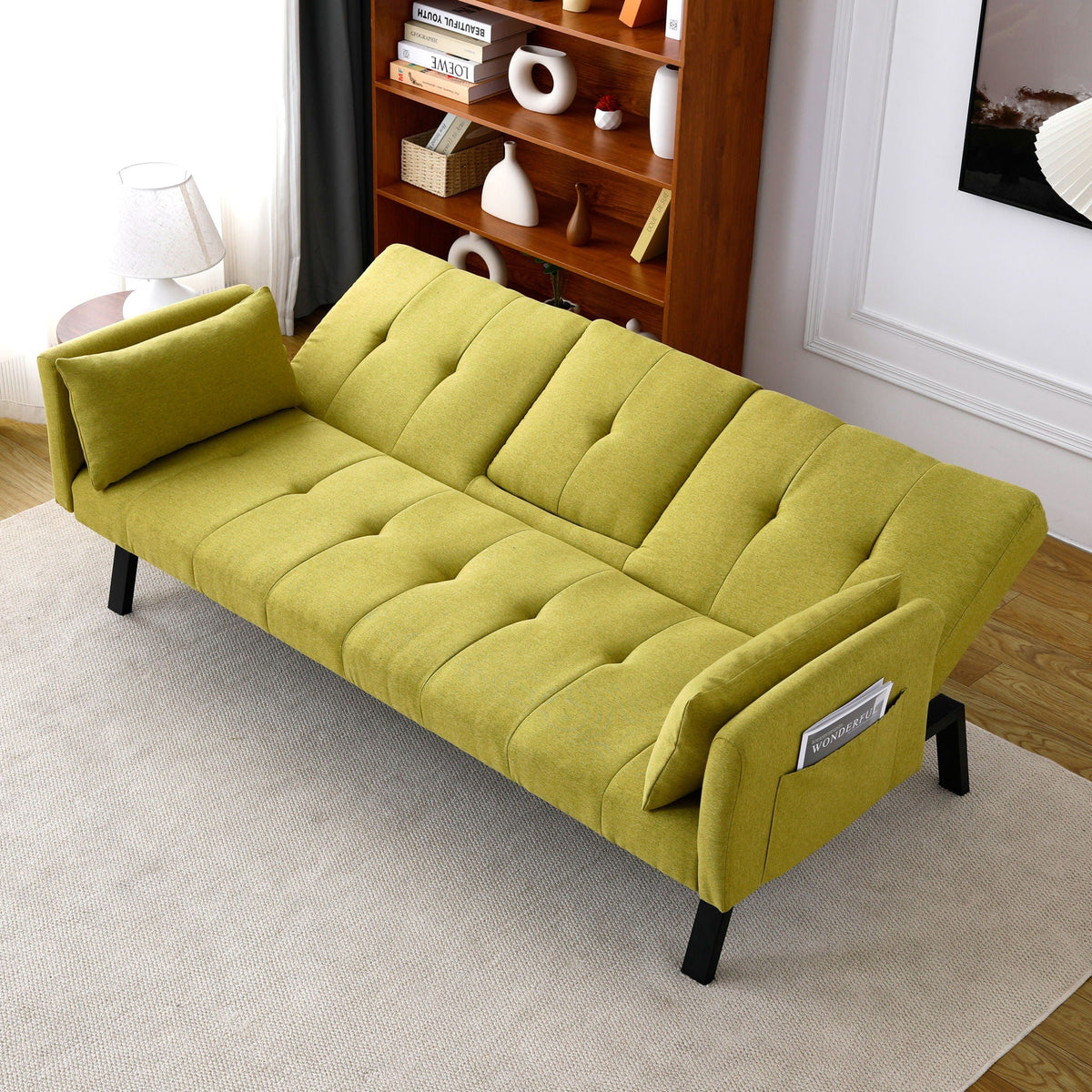 Green Foldable Sofa Bed with a Cup Holder