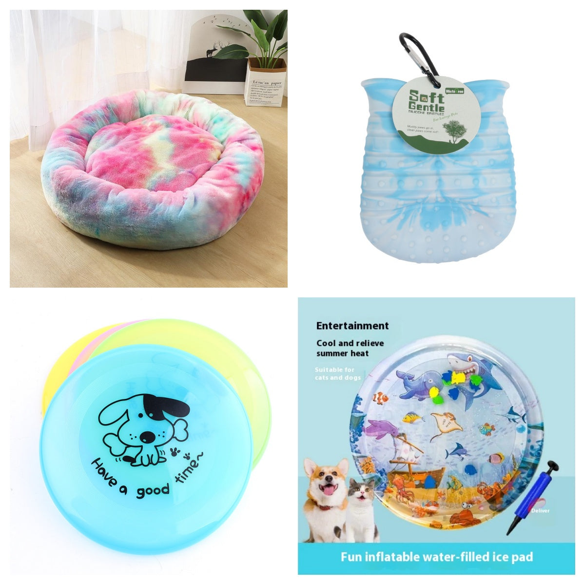 4-item pet toy set: tie-dye plush bed, silicone flying saucer, frisbee, water-filled ice pad on Tampa Home & Garden Store