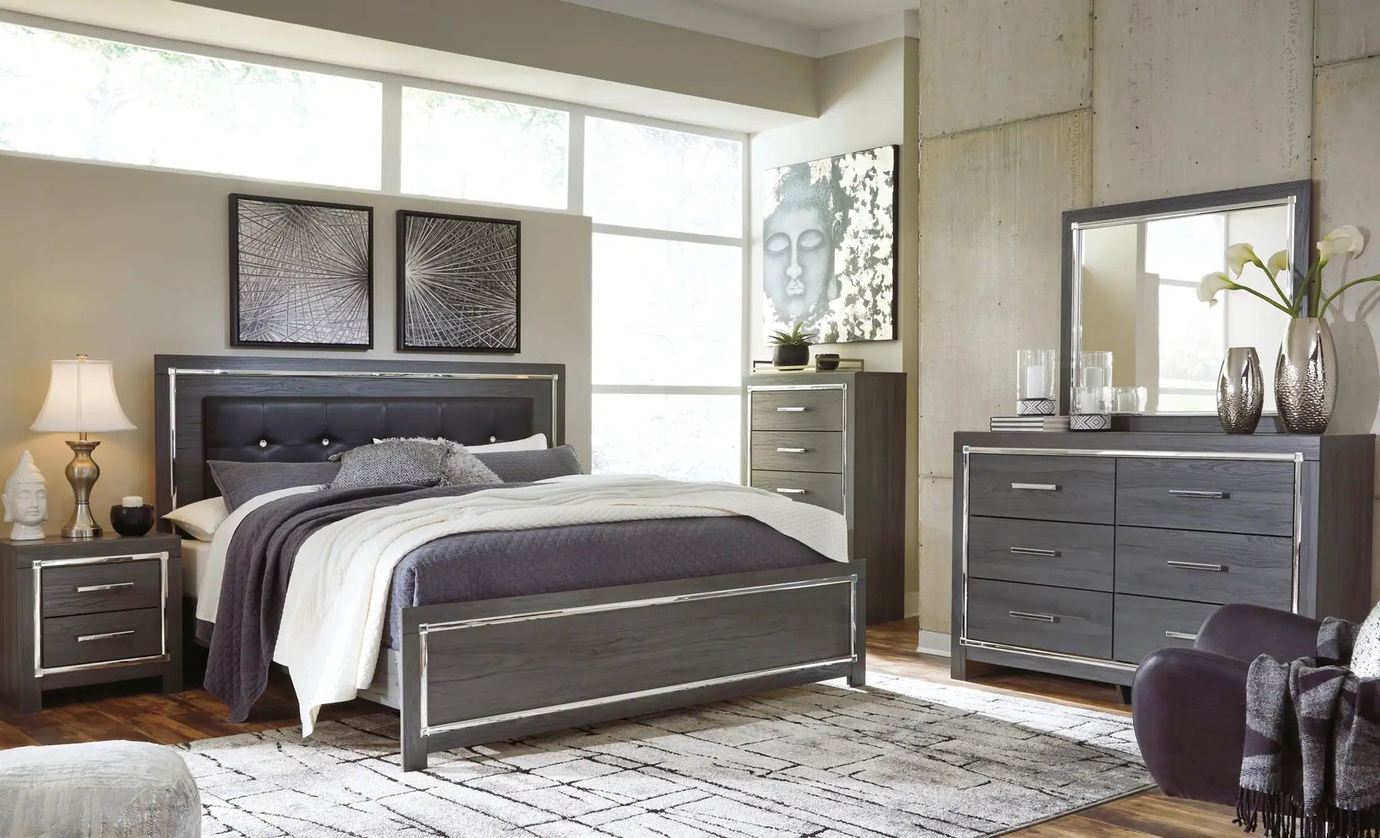 Lodanna 7 Piece Bedroom Set dark gray wood with chrome trim by Unique Piece Furniture on Tampa Home & Garden Store