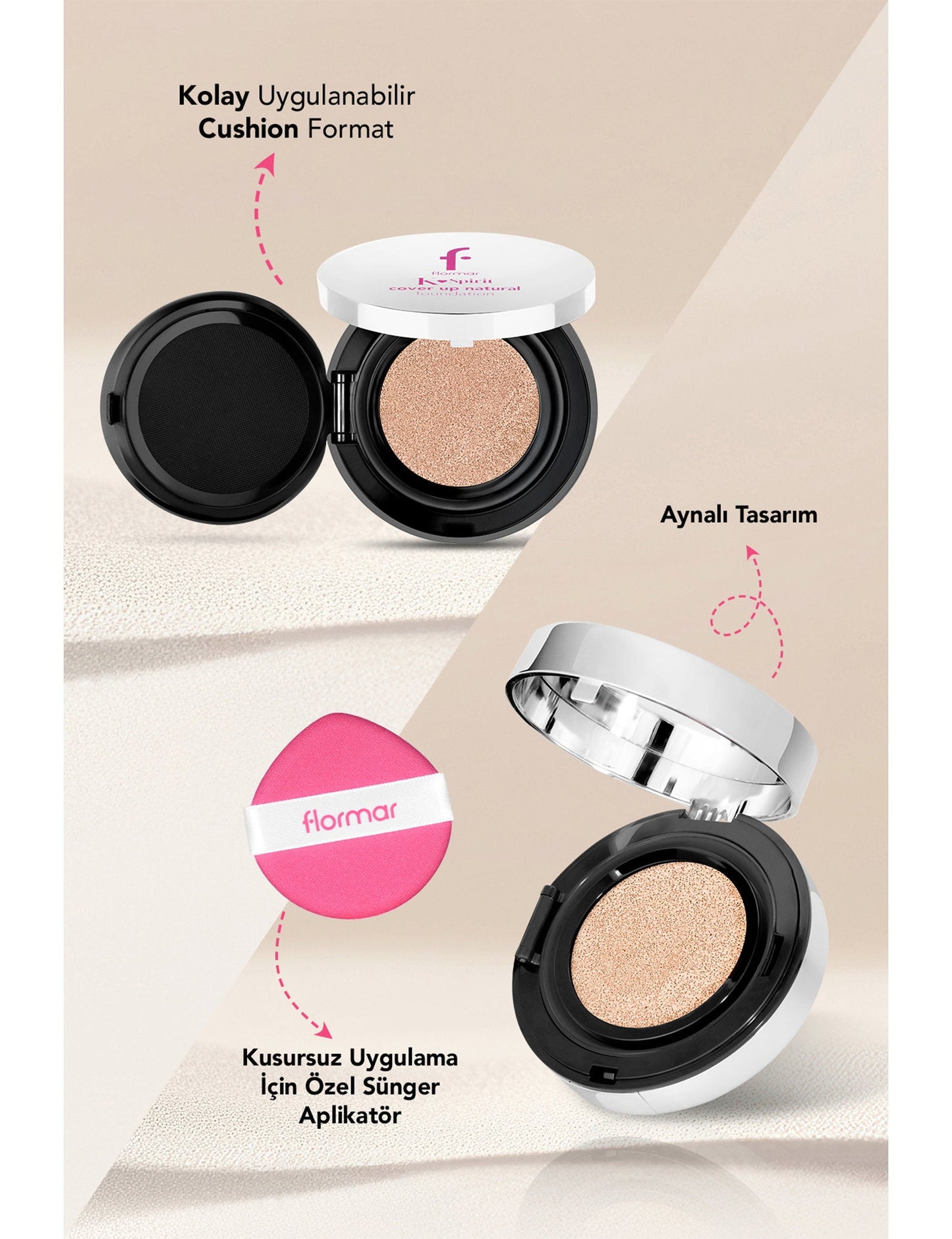 Flormar K-Spirit cushion foundation compact with white lid and sponge, pink applicator on Tampa Home & Garden Store
