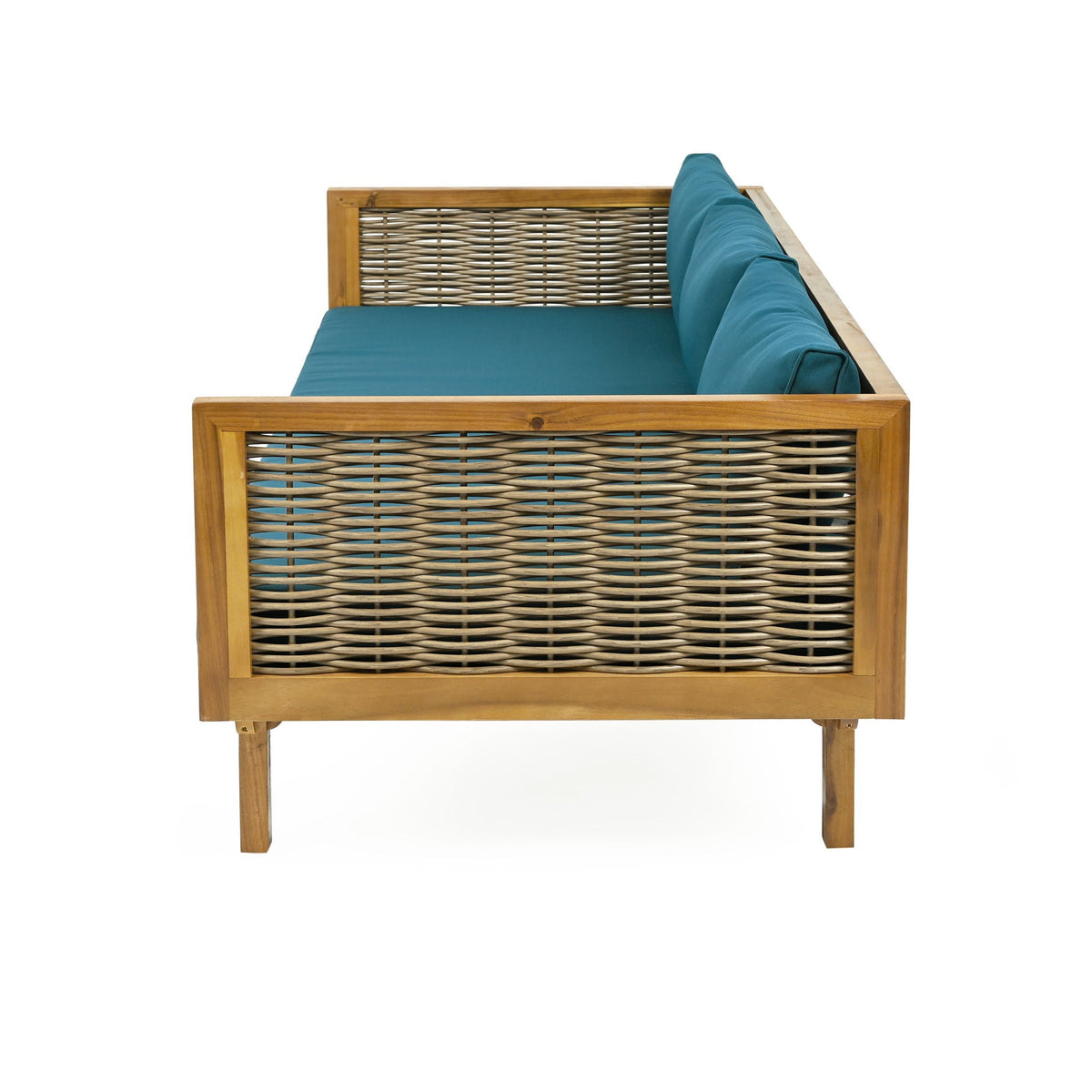 Claremont 3 Seater Daybed with teak wood frame, woven rattan back, teal water-resistant cushions on Tampa Home & Garden Store