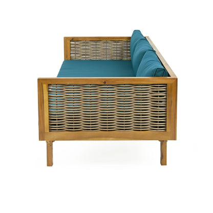 Claremont 3 Seater Daybed with teak wood frame, woven rattan back, teal water-resistant cushions on Tampa Home & Garden Store