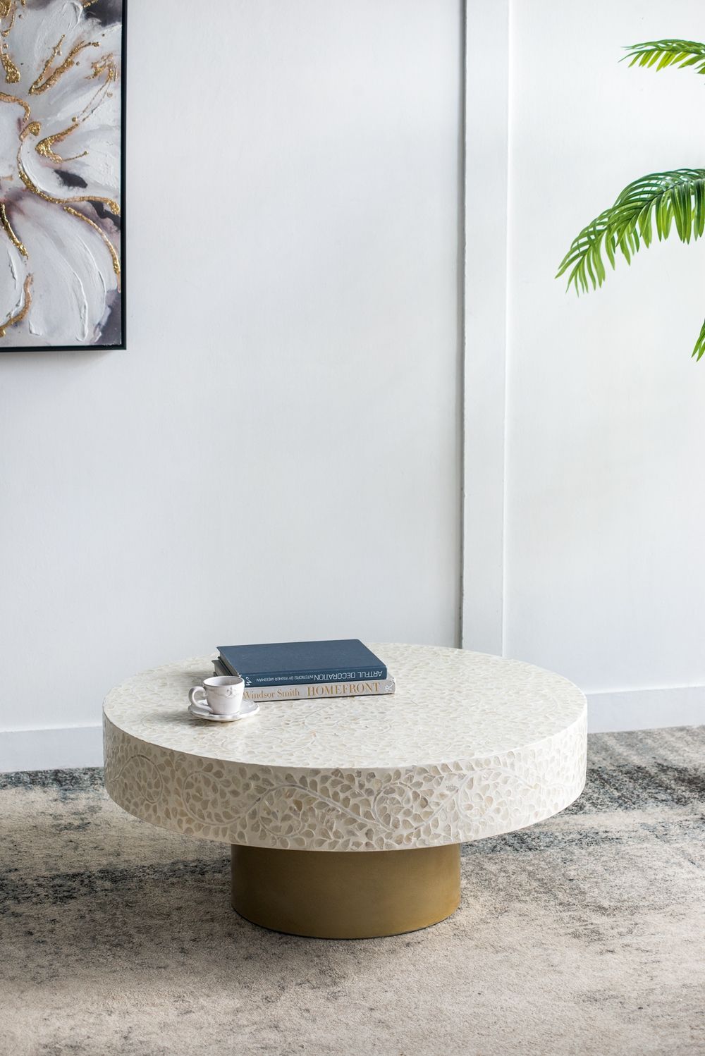Capiz Coffee Table with Pedestal Base featuring cream mosaic top and gold pedestal on Tampa Home & Garden Store