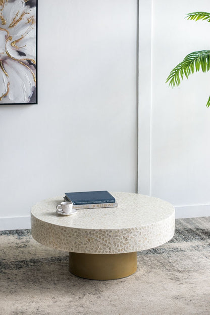 Capiz Coffee Table with Pedestal Base featuring cream mosaic top and gold pedestal on Tampa Home & Garden Store
