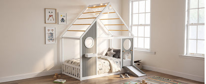 Twin House Bed with Slide in gray frame and ball light strip on Tampa Home & Garden Store
