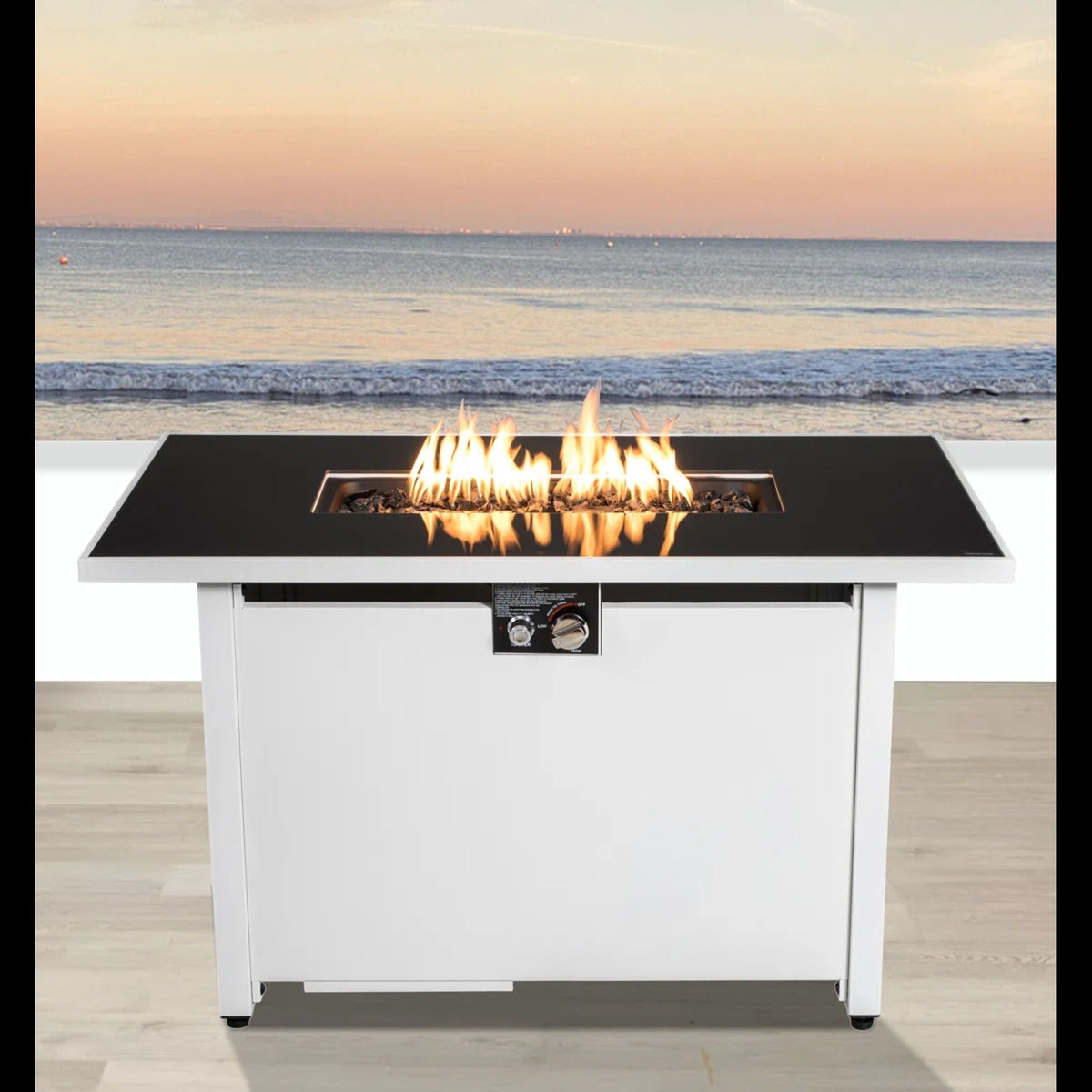 Rectangular Fire Pit With Frame by HouseOfZazla white base black top glowing flames outdoor patio on Tampa Home & Garden Store