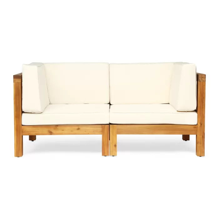 Brava X Back Loveseat with water-resistant beige cushions, natural wood frame by HouseOfZazla on Tampa Home & Garden Store