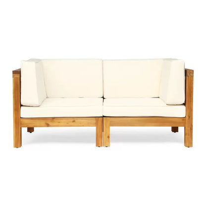 Brava X Back Loveseat with water-resistant beige cushions, natural wood frame by HouseOfZazla on Tampa Home & Garden Store