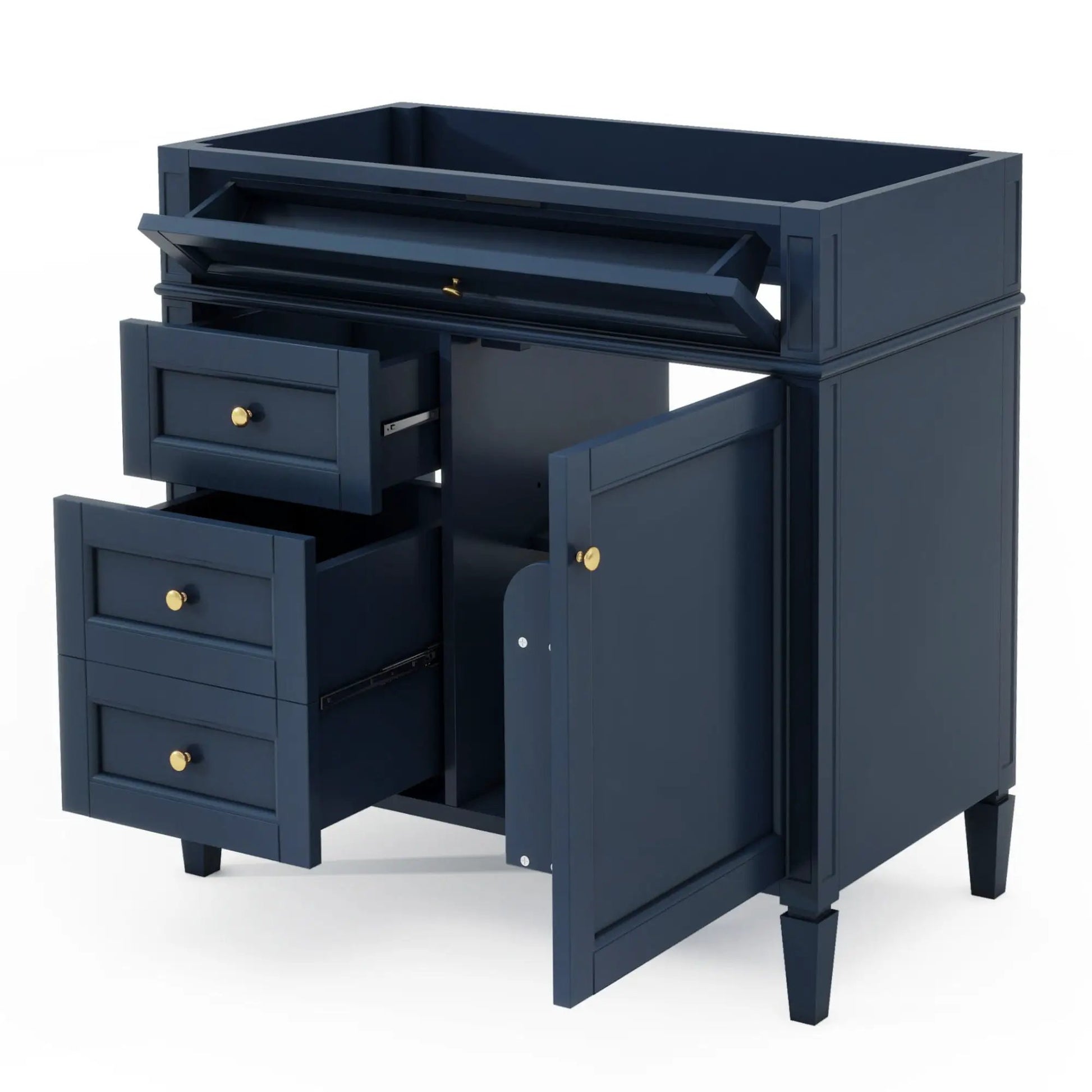 Bathroom vanity base with 2 drawers and a tip-out drawer in navy by Unique Piece Furniture on Tampa Home & Garden Store