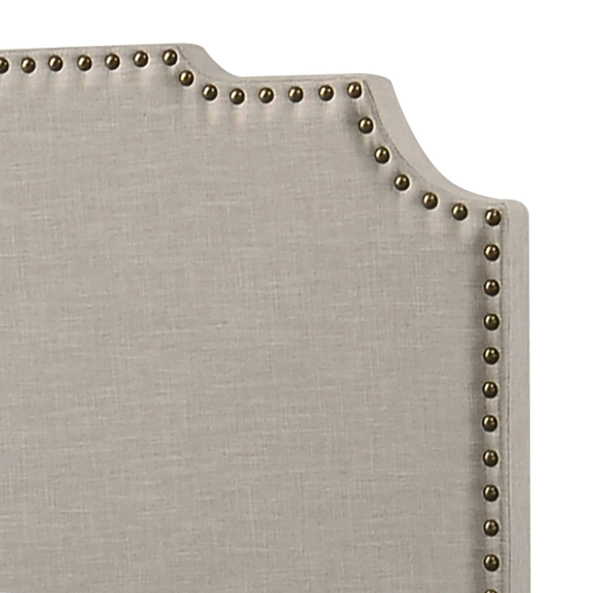 Copper Eastern King Panel Bed beige upholstered headboard with brass nailhead trim on Tampa Home & Garden Store