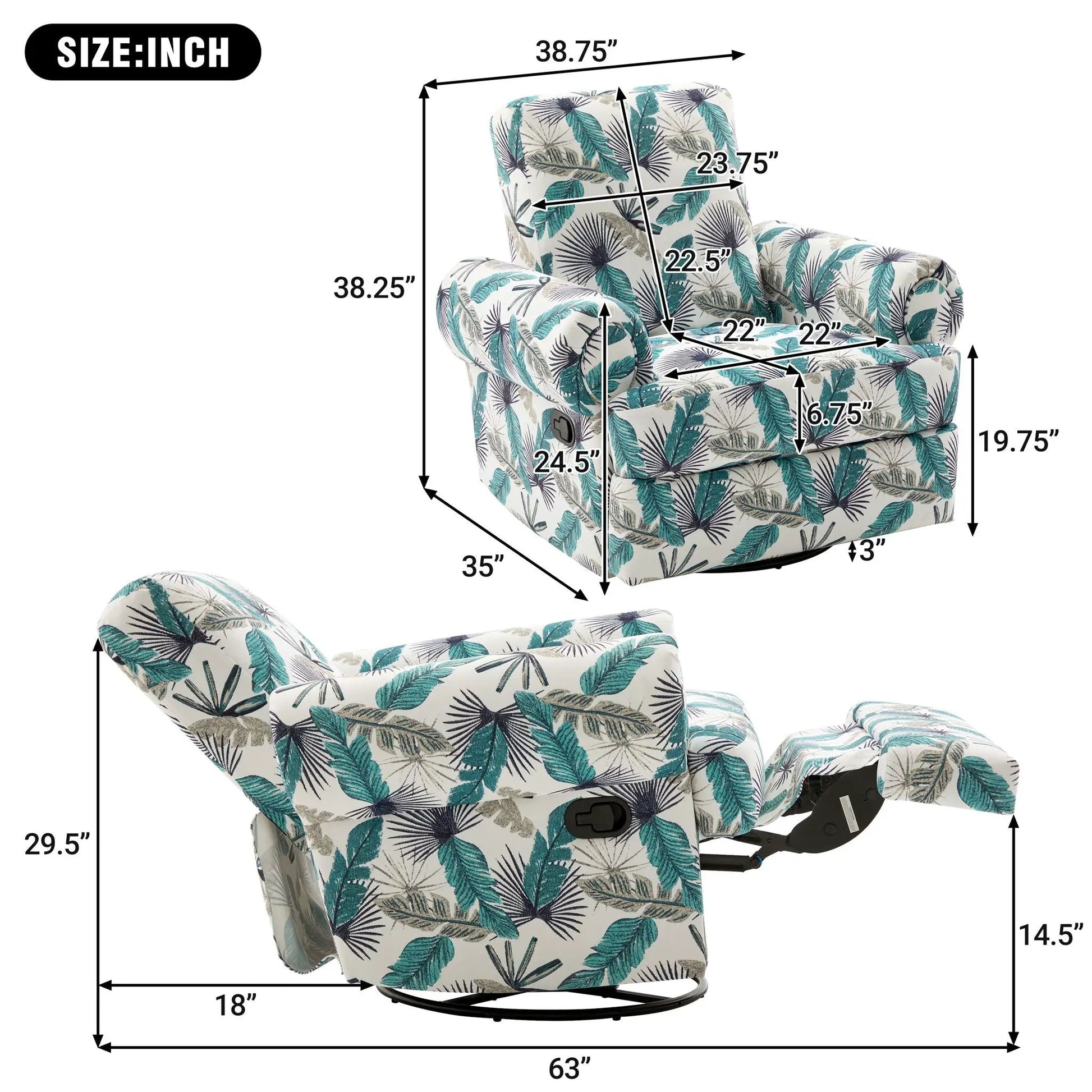 Swivel recliner rocker chair teal palm print adjustable backrest by Unique Piece Furniture on Tampa Home & Garden Store