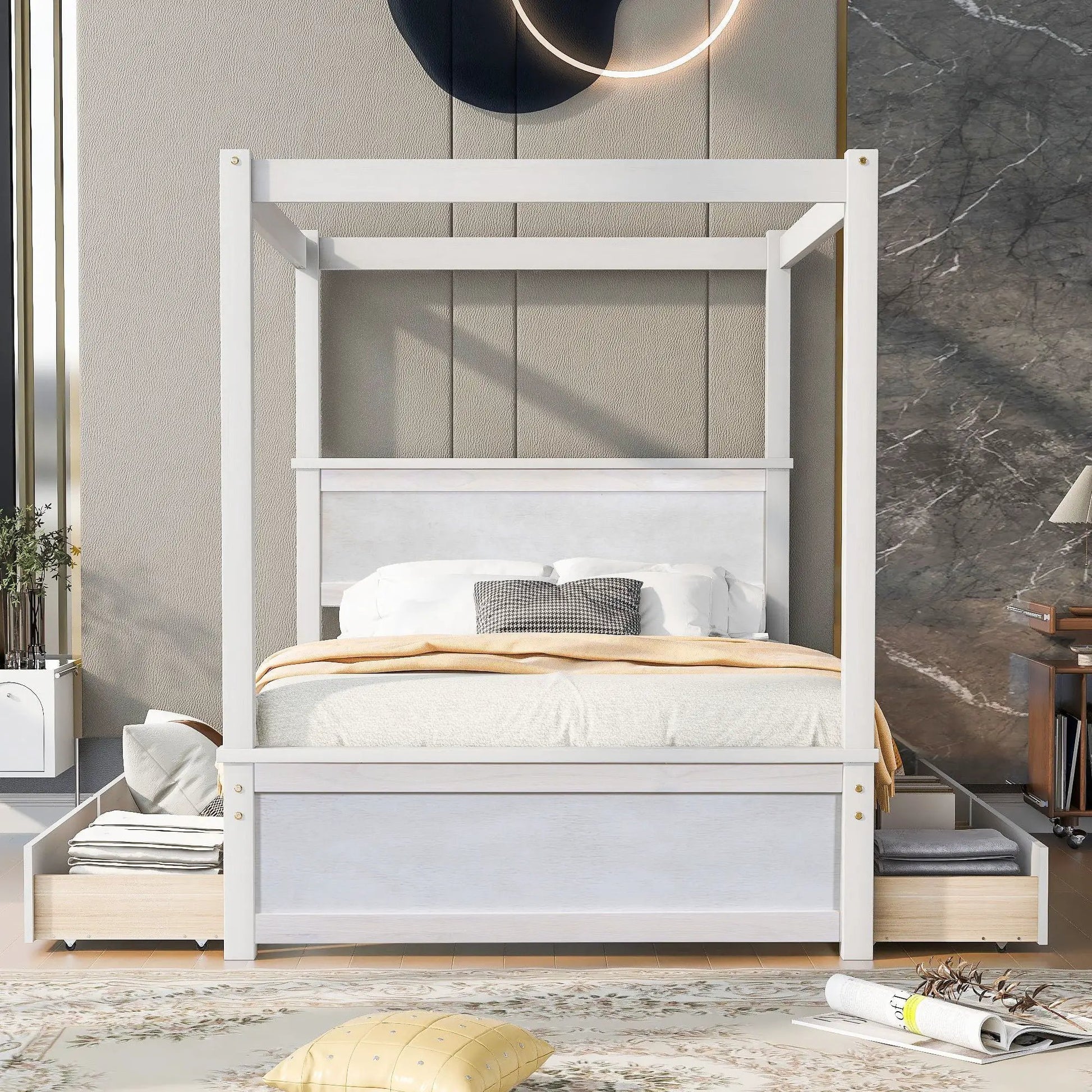 White canopy bed with drawers and slatted support no box spring by Unique Piece Furniture on Tampa Home & Garden Store