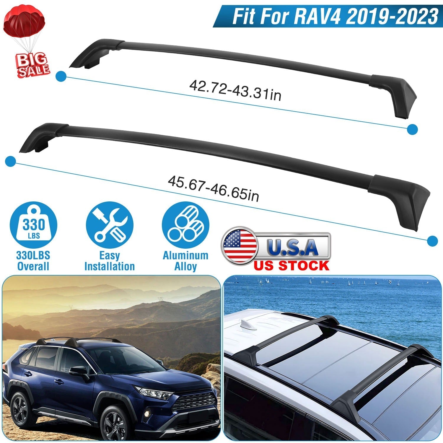 GemGear aluminum roof rack cross bars for Toyota RAV4 2019-2024 with side rails pair cargo bag included on Tampa Home & Garden Store
