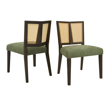 Mid Century Rattan 2-Chair Set, dark wood frame, caned backs, green cushions, HouseOfZazla on Tampa Home & Garden Store