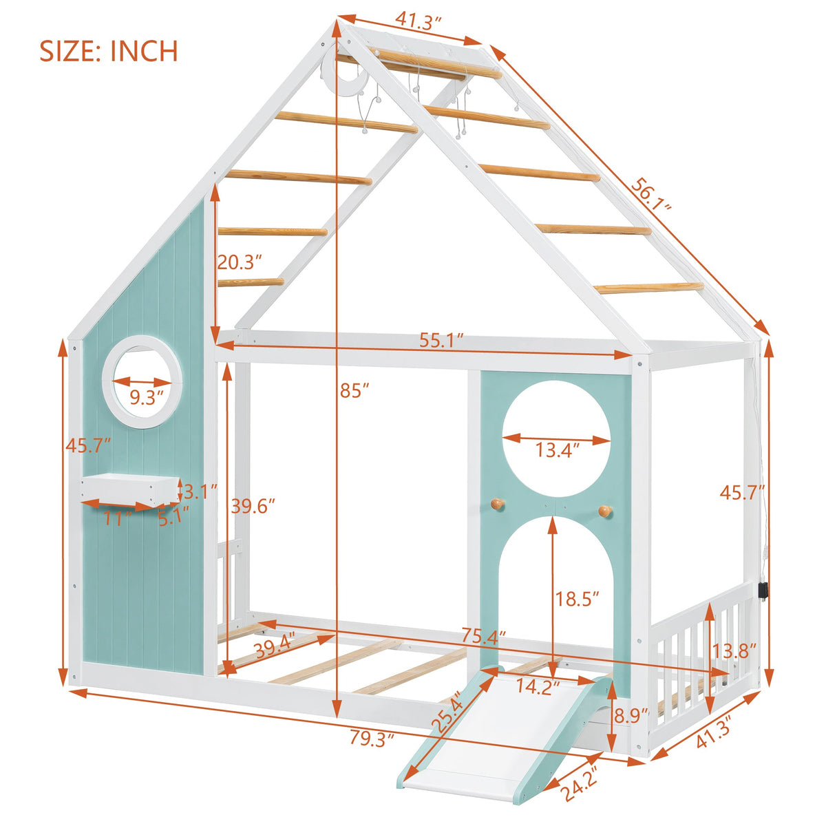 Twin House Bed with Slide by HouseOfZazla, white frame with teal panels and wooden rungs on Tampa Home & Garden Store