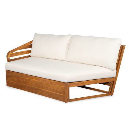 Royal Acacia Patio V Sofa Sectional Set with beige cushions and acacia wood frame on Tampa Home & Garden Store
