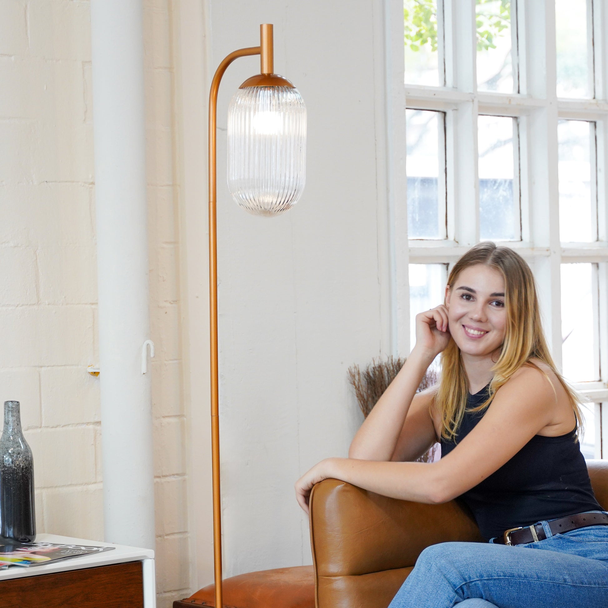 Classic Modern Floor Lamp with copper finish and ribbed glass shade on Tampa Home & Garden Store