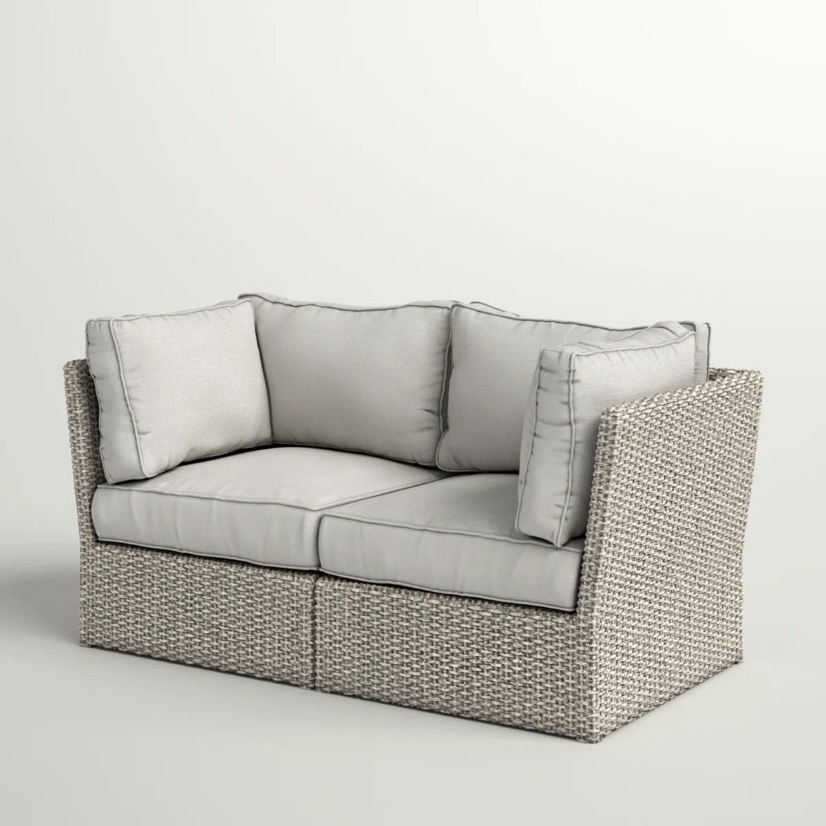 Modern patio wicker loveseat with light gray cushions and a gray-brown woven frame on Tampa Home & Garden Store