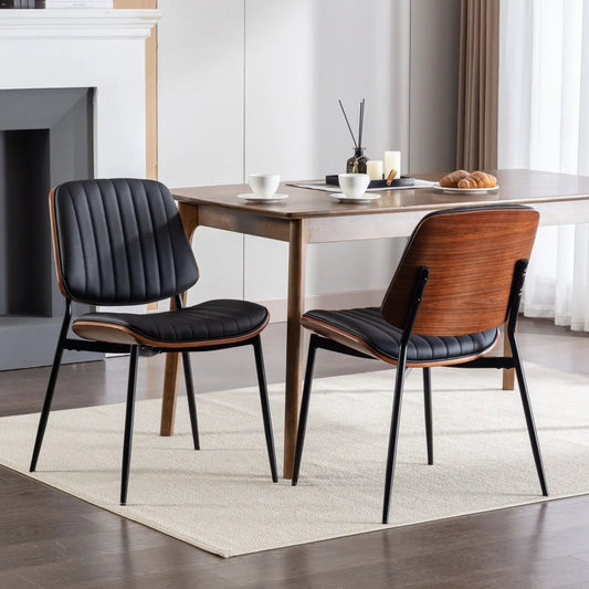 Dining chairs set of 2, mid-century modern with walnut back and black upholstery, metal legs on Tampa Home & Garden Store