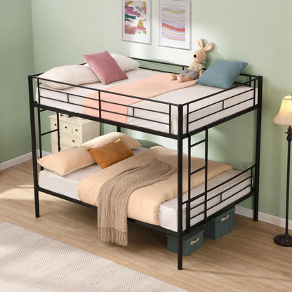 Modern metal bunk bed full over full in black with under-bed storage drawers and beige bedding on Tampa Home & Garden Store