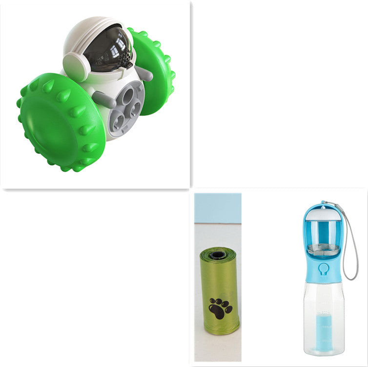 Three-item pet toy set: interactive balance car, paw-print treat roll, blue water bottle on Tampa Home & Garden Store
