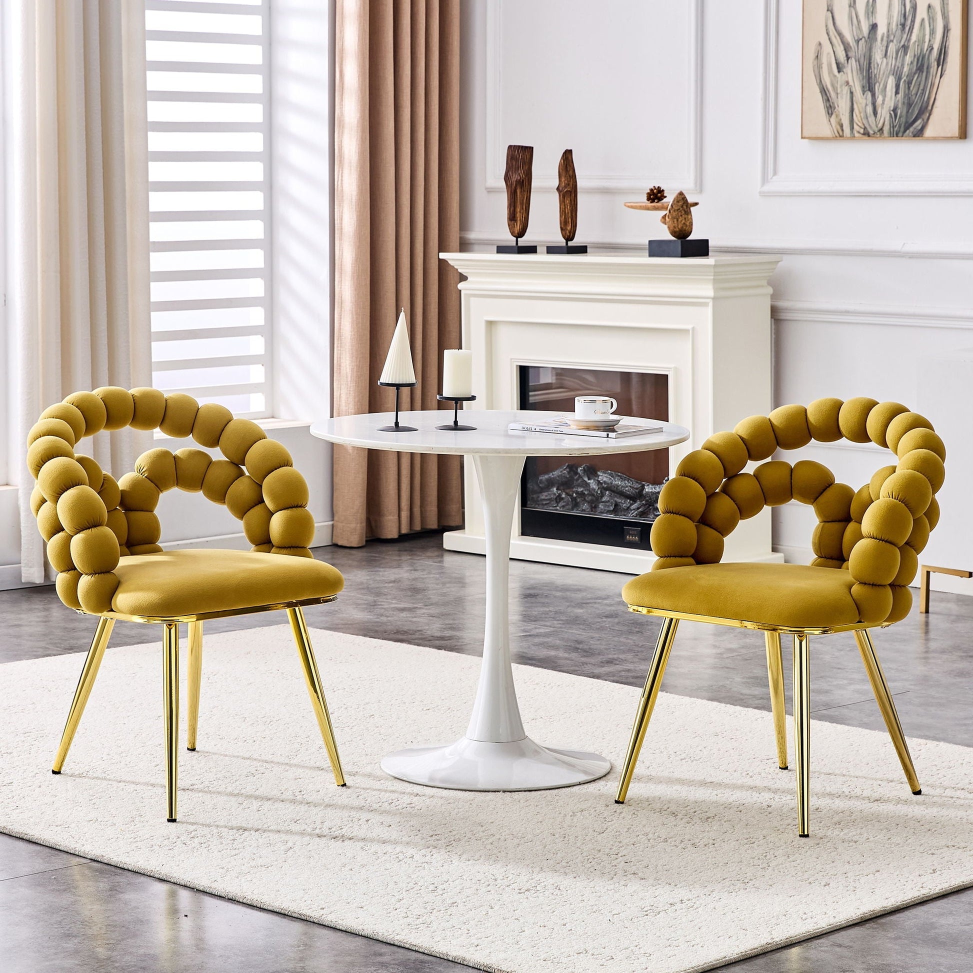 Puffy Bubble Ball-Chain Dining Chair Sets in mustard yellow with gold legs by HouseOfZazla on Tampa Home & Garden Store