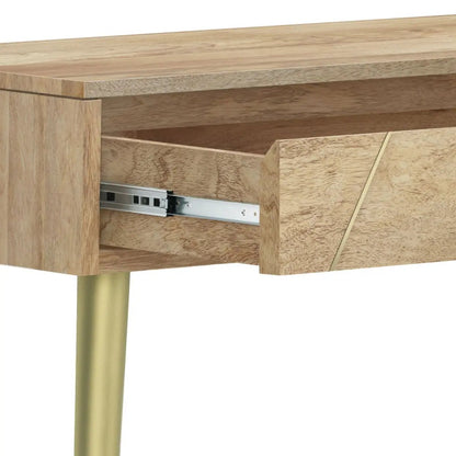 Jager console table natural wood veneer with gold legs and open drawer showing metal slides on Tampa Home & Garden Store