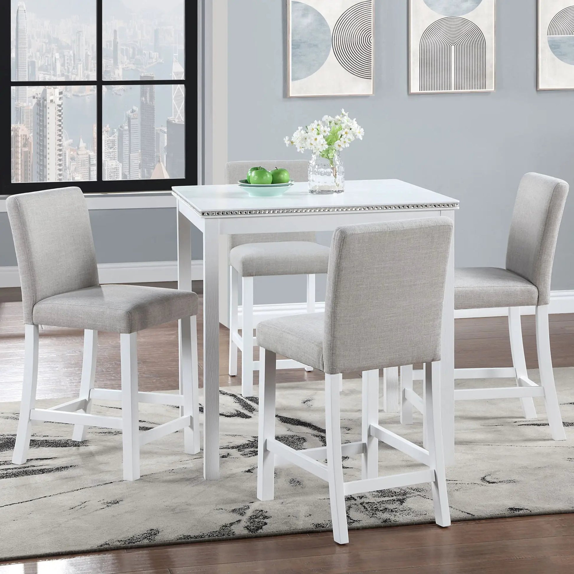 5 Piece Dining Set square white table with 4 gray upholstered chairs Unique Piece Furniture on Tampa Home & Garden Store