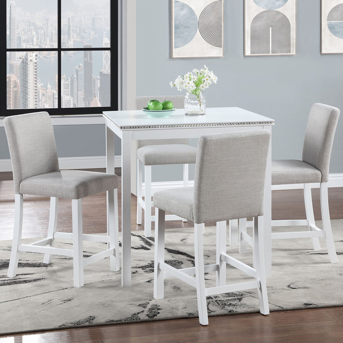 HouseOfZazla Counter Height 5 Piece Dining Set with Upholstered Gray Chairs and White Table on Tampa Home & Garden Store