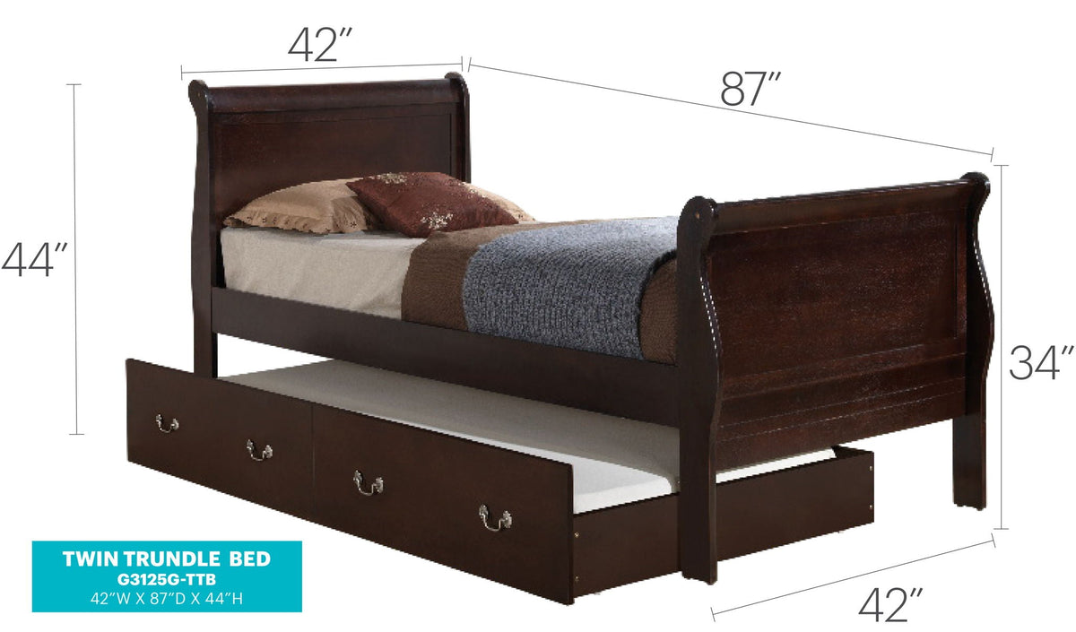 HouseOfZazla Elegant trundle bed in dark brown wood with built-in storage drawers, twin on Tampa Home & Garden Store