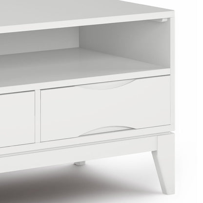 Handcrafted rubberwood white TV stand with open upper shelf and curved pulls on Tampa Home & Garden Store