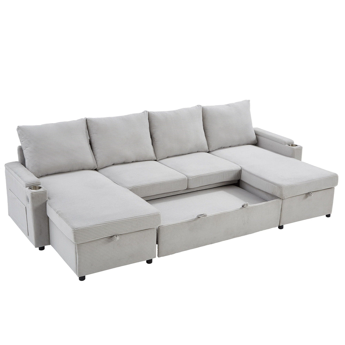 U-shaped sleeper sectional with storage chaise, USB ports, cup holders in striped fabric on Tampa Home & Garden Store