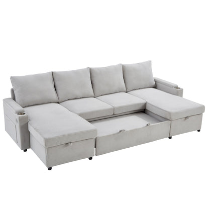 U-shaped sleeper sectional with storage chaise, USB ports, cup holders in striped fabric on Tampa Home & Garden Store