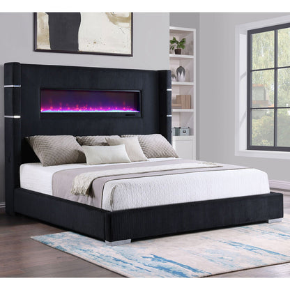 Judah Flame Visualizer Bed, black ribbed upholstered bed with built-in fireplace by HouseOfZazla on Tampa Home & Garden Store