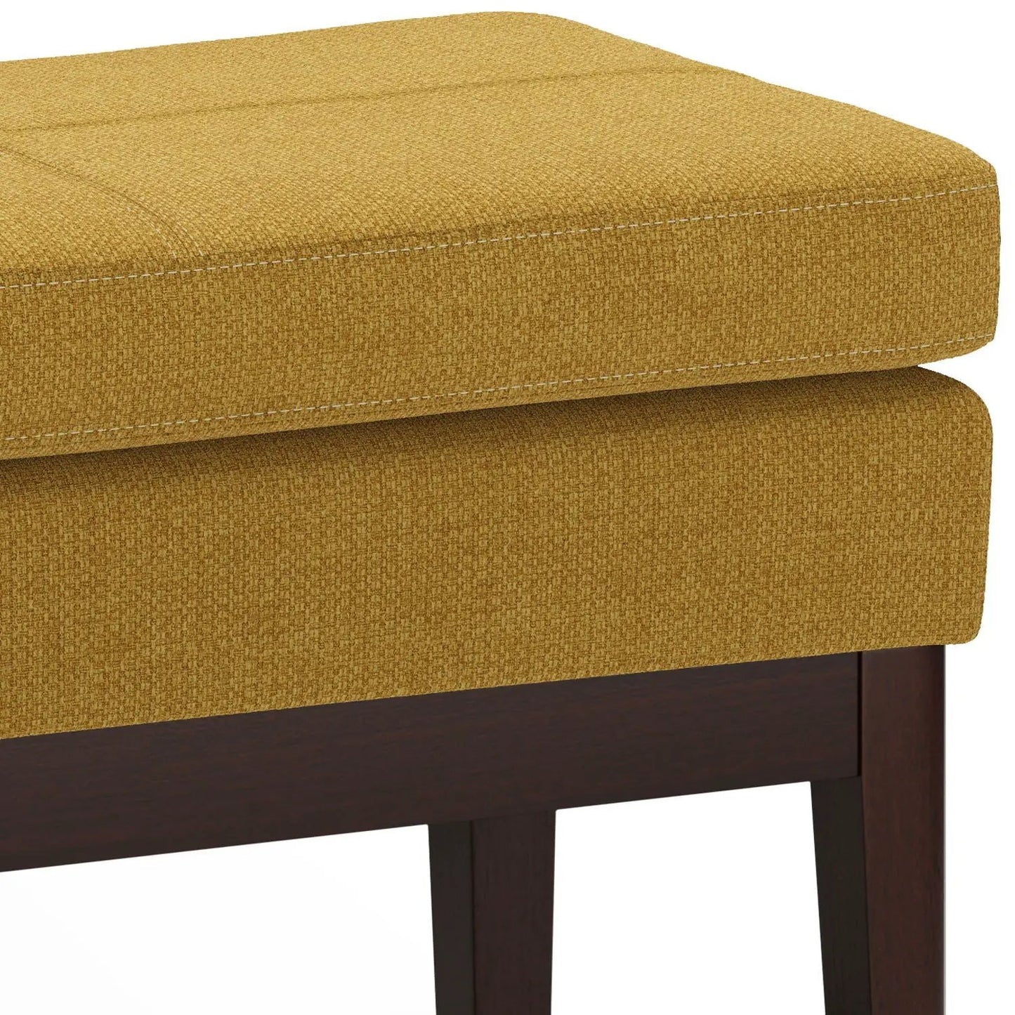 Carlson Ottoman Bench mustard yellow woven fabric with white stitching on dark wood legs on Tampa Home & Garden Store