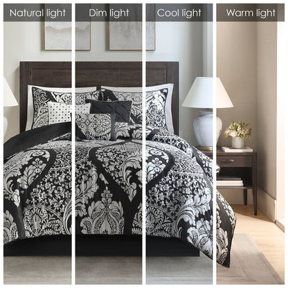 7 Piece Cotton Printed Comforter Set in black and white by HouseOfZazla with shams on a bed on Tampa Home & Garden Store