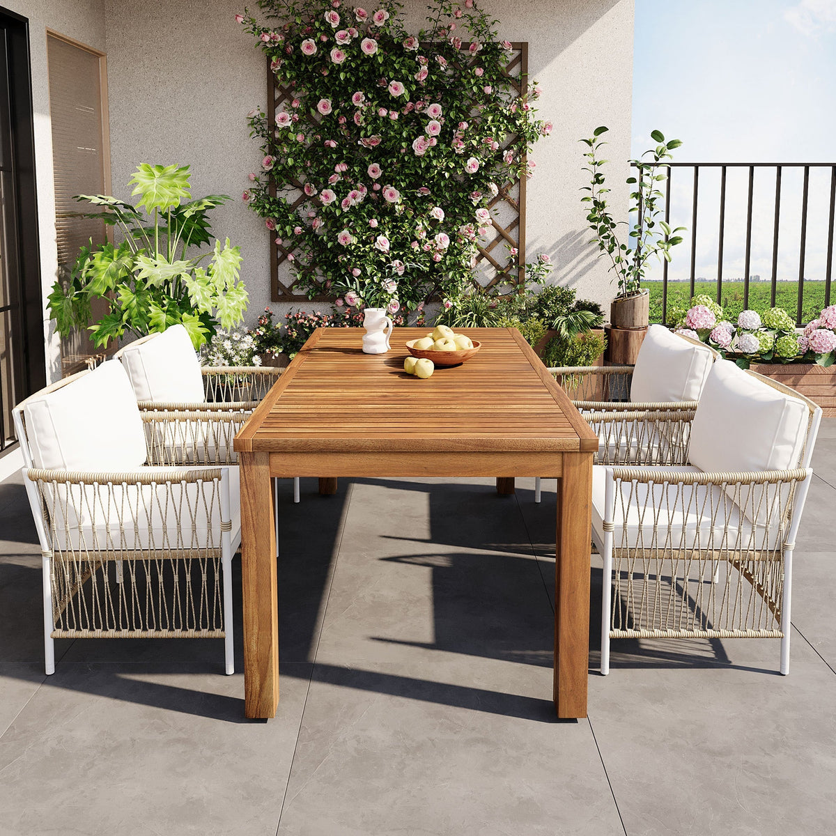 TOPMAX Patio 5pc wooden dining set with natural wood table and white woven chairs on Tampa Home & Garden Store