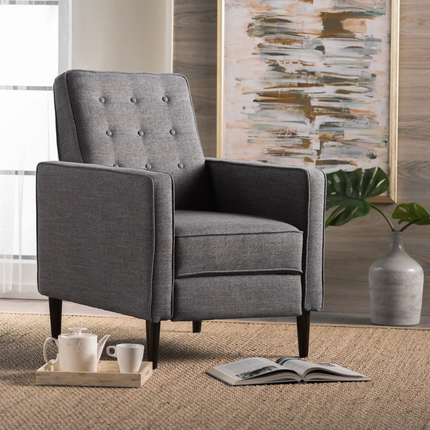 Mid-Century Recliner in gray waffle-stitch fabric with button tufting by Unique Piece Furniture on Tampa Home & Garden Store