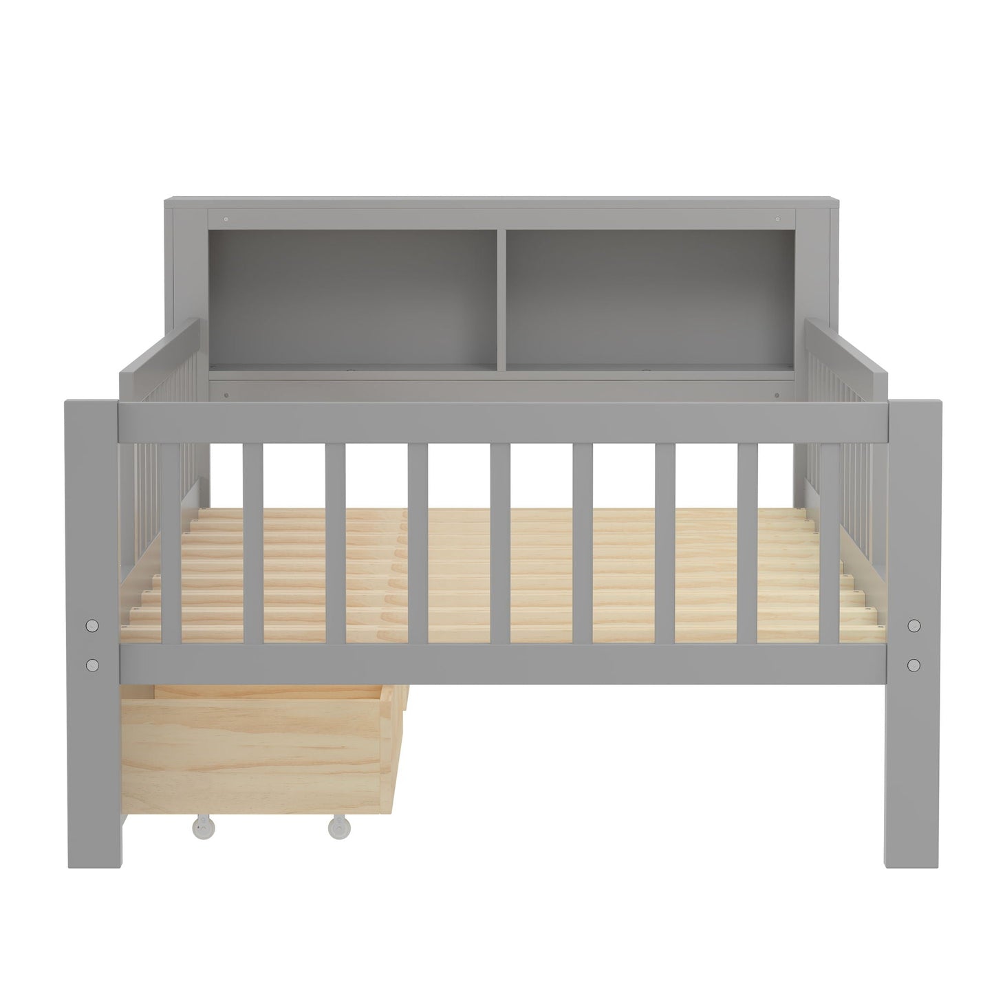 Gray storage bed with headboard rack, 2 under-bed drawers, and 3 guardrails by HouseOfZazla on Tampa Home & Garden Store