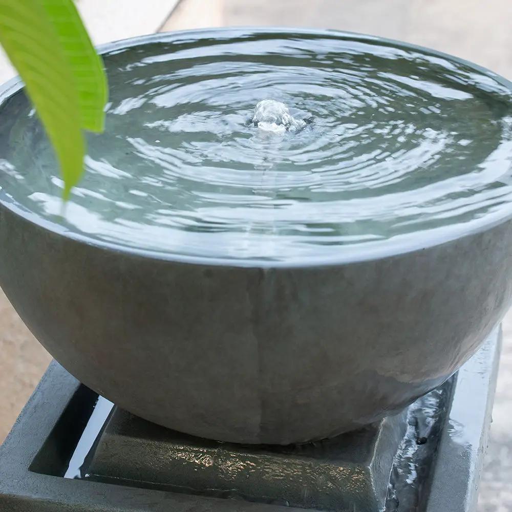 Zen Bowl Water Fountain, dark stone outdoor bird bath with ripples on a pedestal on Tampa Home & Garden Store
