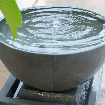 Zen Bowl Water Fountain, dark stone outdoor bird bath with ripples on a pedestal on Tampa Home & Garden Store