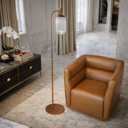 Classic Modern Floor Lamp by HouseOfZazla with copper stem and ribbed glass shade on Tampa Home & Garden Store