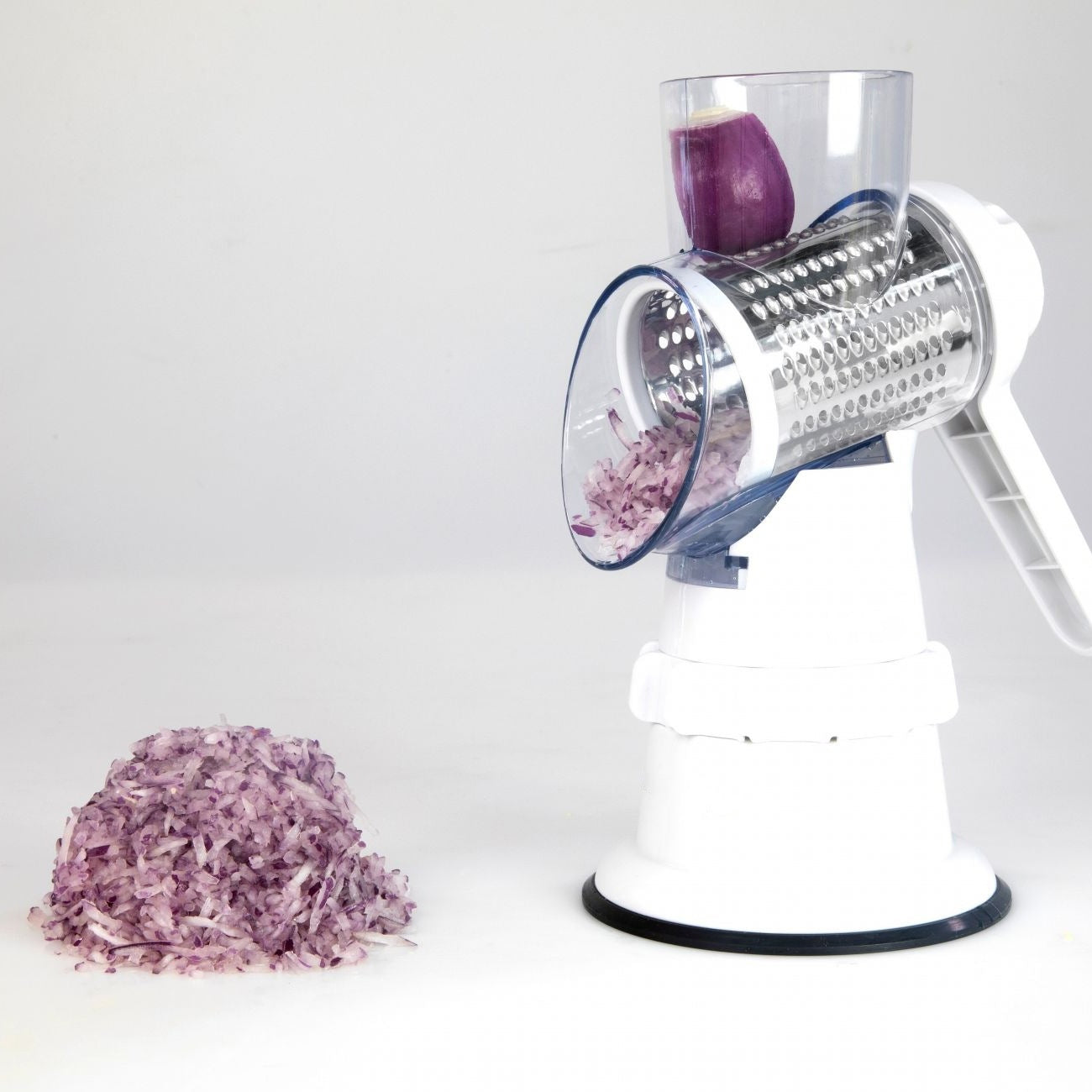 3-in-1 vegetable slicer with manual mandolin and round drum shredder, white base, clear hopper on Tampa Home & Garden Store